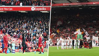 A packed out Anfield singing 'You'll Never Walk Alone' for the first time in 528 days! 🙌