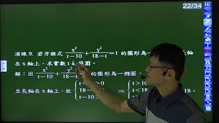 B4--4-2---演練9---給定含有未知數t在分母的方程式T，若T為橢圓，且長軸在x軸上，求t的限制