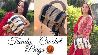 Easy T-Shirt Yarn Crochet Bag Tutorial | Stylish Blue \u0026 White Bag for Beginners| crochet bag