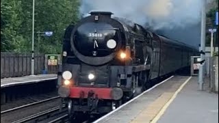 Steam Train 35018 British india line whistling through Winchester at full speed