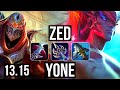 ZED vs YONE (MID) | 13/1/11, 2.2M mastery, 1200+ games, 6 solo kills | KR Grandmaster | 13.15