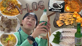 먹방 VLOG| 행복해지고싶어?일단마셔~😎 (삼겹살, 소주, 대련집, 알배추보쌈, 사골칼국수, 파전, 회, 마시멜로케이크, 닭꼬치, 푸하하 크림빵)