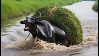 A heavy loaded cow fell into canal rescued by rescue team