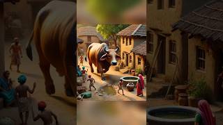 A cow enters into a busy village #bull #cow