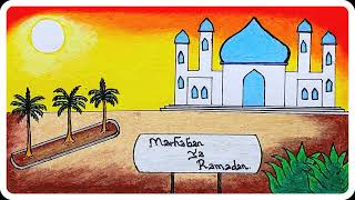 Menggambar Pemandangan | Cara Menggambar Pemandangan Masjid Dengan Sunset Menggunakan Oil Pastels