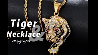 Men Bling Stainless Steel Golden Tiger Pendant Necklace