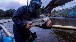 Bass fishing boating in the reservoir on a rainy day.