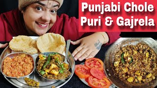 COOKING \u0026 EATING PUNJABI CHOLE, PURI, GAJAR KA HALWA | Satvik Veg Mukbang