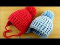 Easy Crochet pom pom hat baby ear flaps 3-6 months