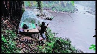 Rain and thick fog when camping on the river bank, while fishing, solo camping