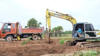 รถแบคโฮโกเบ ขุดร่องน้ำตักดินใส่รถบรรทุก 6 ล้อ ดั้มดิน  KOBELCO Yutani \u0026  Dump truck  Ep.2