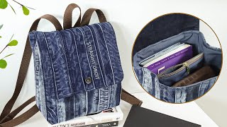 DIY Cute Patchwork With Divider Denim Backpack Out of Old Jeans Waistbands | Bag Tutorial | Upcycle