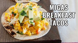 Migas Breakfast Tacos with crushed tortilla chips!