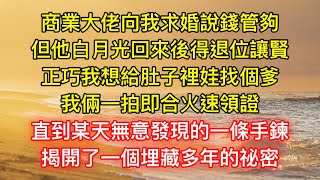 商業大佬向我求婚說錢管夠，但他白月光回來後得退位讓賢，正巧我想給肚子裡娃找個爹，我倆一拍即合火速領證，直到某天無意發現的一條手鍊，揭開了一個埋藏多年的祕密