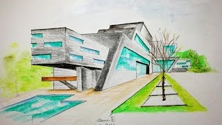 watercolor pencil art * one point perspective drawing * Architectural freehand perespective drawing