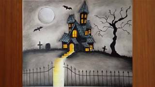 Haunted House Drawing - How To Draw a Haunted House Easy || Halloween Drawings ||  Step by Step