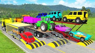 TRANSPORTING PIXAR CARS & FRUITS WITH COLORED & JOHN DEERE vs CLAAS vs TRACTORS - BeamNG.drive #962