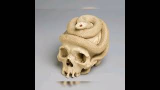 Ivory carving of a skull and coiled snake with carnelian eyes - Japan, Edo Period, 1860Ivory car...