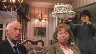 Toby make the cake levitating and drops on visitor's face | Harry Potter and the Chamber of Secrets