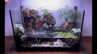 #Paludarium#aquascape, with pond, pavilions, and cascading waterfalls. ##水陆造景##亭台楼阁，崇山峻岭，茂林修竹，清流激湍