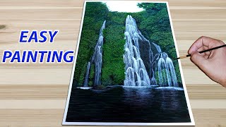 Easy Waterfall Landscape Painting Tutorial for Beginners | Step by Step Waterfall Landscape Painting
