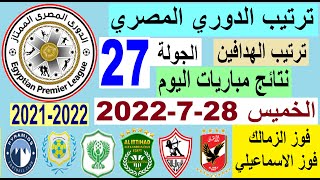 ترتيب الدوري المصري وترتيب الهدافين ونتائج مباريات الخميس 28-7-2022 من الجولة 27