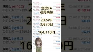 金虎EA★2024年2月20日運用実績【投資初心者】【FX初心者】【FX自動売買】【爆益型】【ミリオンシップEA】【安定型】【無料EA】【不労所得】【オートシステムワン】【DERIV】【EA太郎】