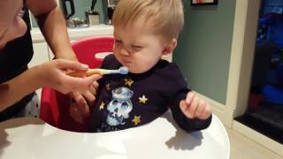 Baby Elio brushing teeth for first time