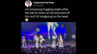 Wooyoung hugged Jongho cuz the ball he threw hit and bounced back to Hongjoong and hit his head 😂