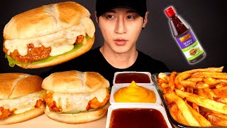 ASMR CHEESY CHICKEN SANDWICH & FRIES MUKBANG 먹방 (No Talking) COOKING & EATING SOUNDS