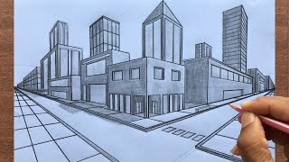 How to Draw using Two Point Perspective: Draw a Town Step-by-step