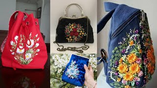 Hand Embroidered ribbon floral bags #Satin silk ribbon Flower embellished backpack bags