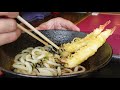 eating shrimp tempura udon with grated yuzu at dazaifu tenmangu shrine