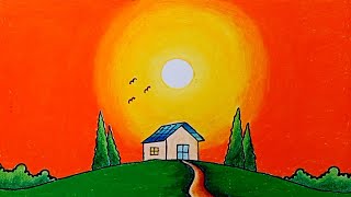 របៀបគូរគំនូរទេសភាពងាយៗ How to draw beautiful sunset scenery for beginners