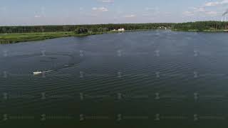 Aerial view ,wakeboarding with motorboat in the river