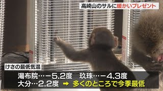 高崎山のサルに暖かい贈り物　「おさるの団暖ヒーター」がエサ場に登場