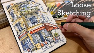 [RealTime]Loose ink and watercolor cafe sketch lTips for freehand sketching with a pen