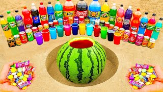 Experiment: Watermelon vs Big Coca-Cola, Fanta, Monster, Mtn Dew, Sprite and Mentos Underground