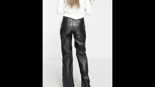 BERSHKA Shiny Faux Leather Wide Leg Tailored Trousers Pants Black Women | ASOS