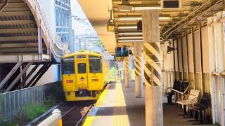 鹿児島中央駅１番乗り場　普通（ワンマン）列車山川行き発車（ＪＲ九州キハ２００形ＮＡＮＯＨＡＮＡ色）