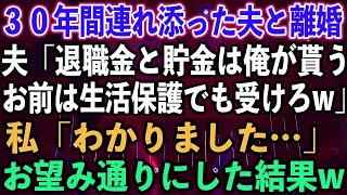 【スカッとする話】30年間連れ添った夫と離婚。夫「退職金と貯金は俺が貰う、お前は生活保護でも受けろw」私「わかりました…」お望み通りにした結果w