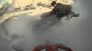 Amazing snowmachine wreck 2012 Polaris RMK Assault Hill Climb and Wreck Jaws Can and GoPro