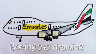 How to draw a boeing 747 step by step | Emirates boeing 747 plane drawing easy