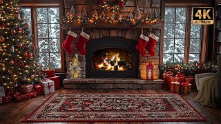 Christmas Fireplace Ambience with Snowy Views and Crackling Fire Sounds | 4K 🔥🎄❄️