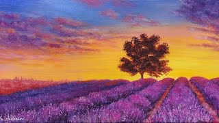 Sunset Lavender Field Landscape Acrylic Painting LIVE Tutorial