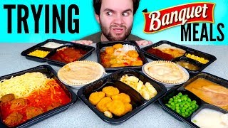 TRYING BANQUET FROZEN MEALS! - Gravy Pie, Chicken Nuggets \u0026 Fries, Turkey Dinner, \u0026 MORE Taste Test!