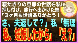 【スカッと】事故で意識不明の旦那を置いて、３ヶ月間旅行に出かけた姉「世話ありがとう！さ、夫返して」私「無理です、妊娠したので」姉に膨らんだお腹を見せると…（朗読）