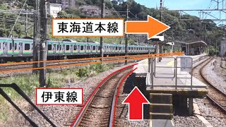 東海道本線と合流する伊豆多賀駅～来宮駅間を走行する伊豆急行8000系の前面展望