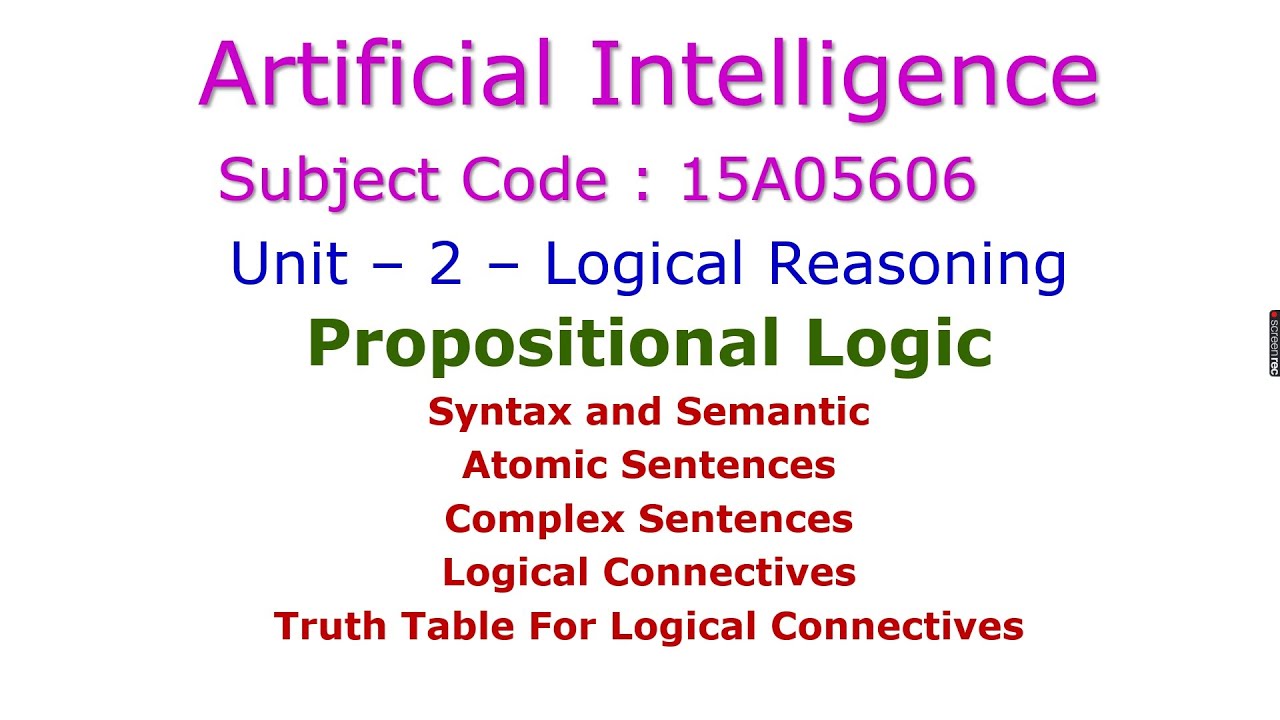 Propositional Logic-Artificial Intelligence-Logical Reasoning-Unit – 2 ...