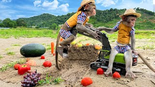 Baby monkey Bim Bim uses an excavator to dig fruit